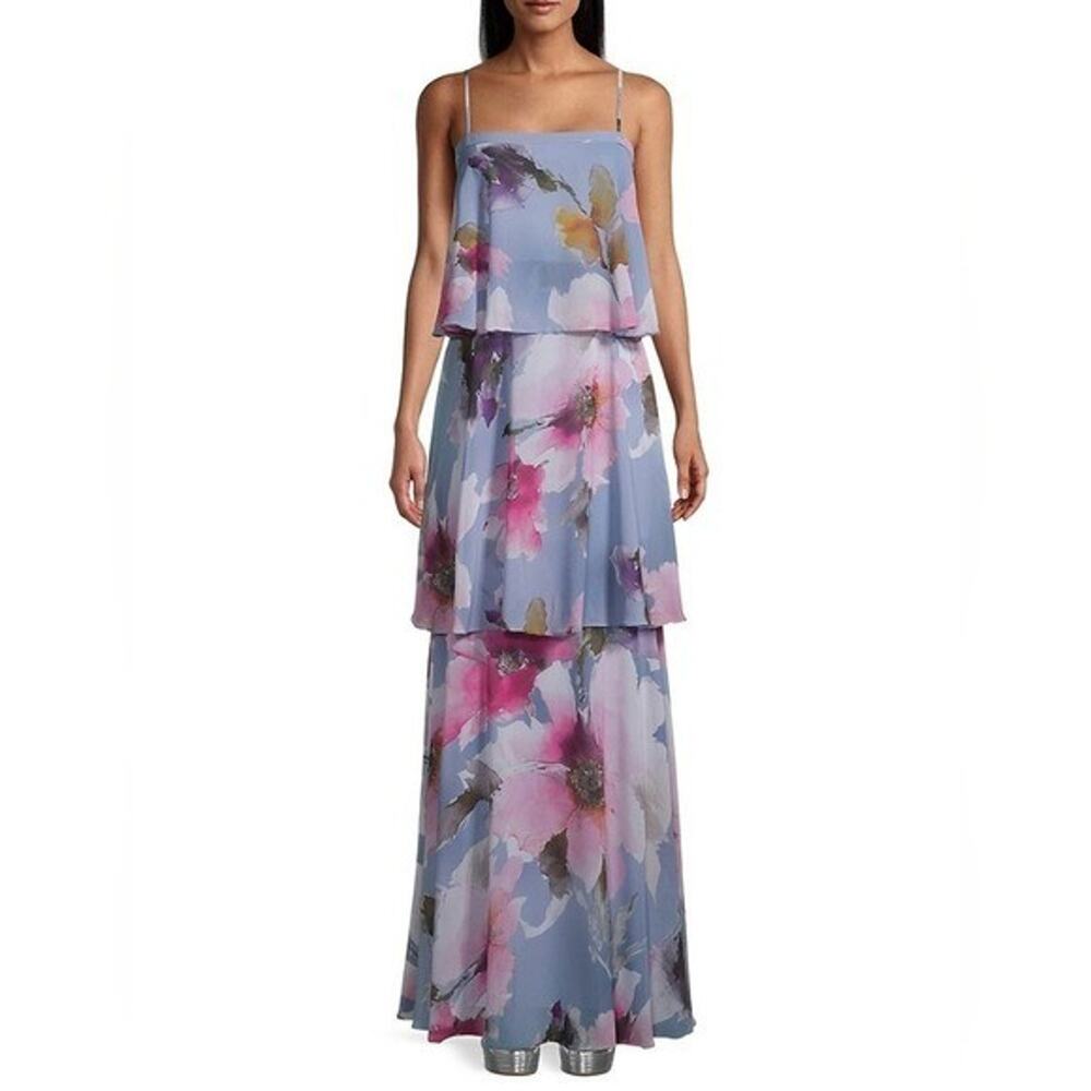 Aidan Mattox Floral Tiered Square Neck Sleeveless Chiffon Maxi Dress Sz 4